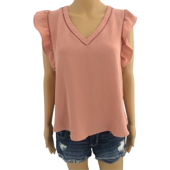 Mine SMALL Pink Ruffle Sleeve V Neck Georgette Top Button Up Back Detail Blouse - Picture 1 of 5